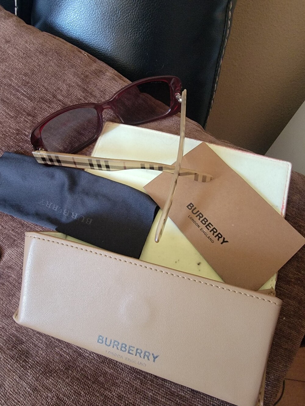 Burberry Red Frame Sunglasses with Signature Check Arms
